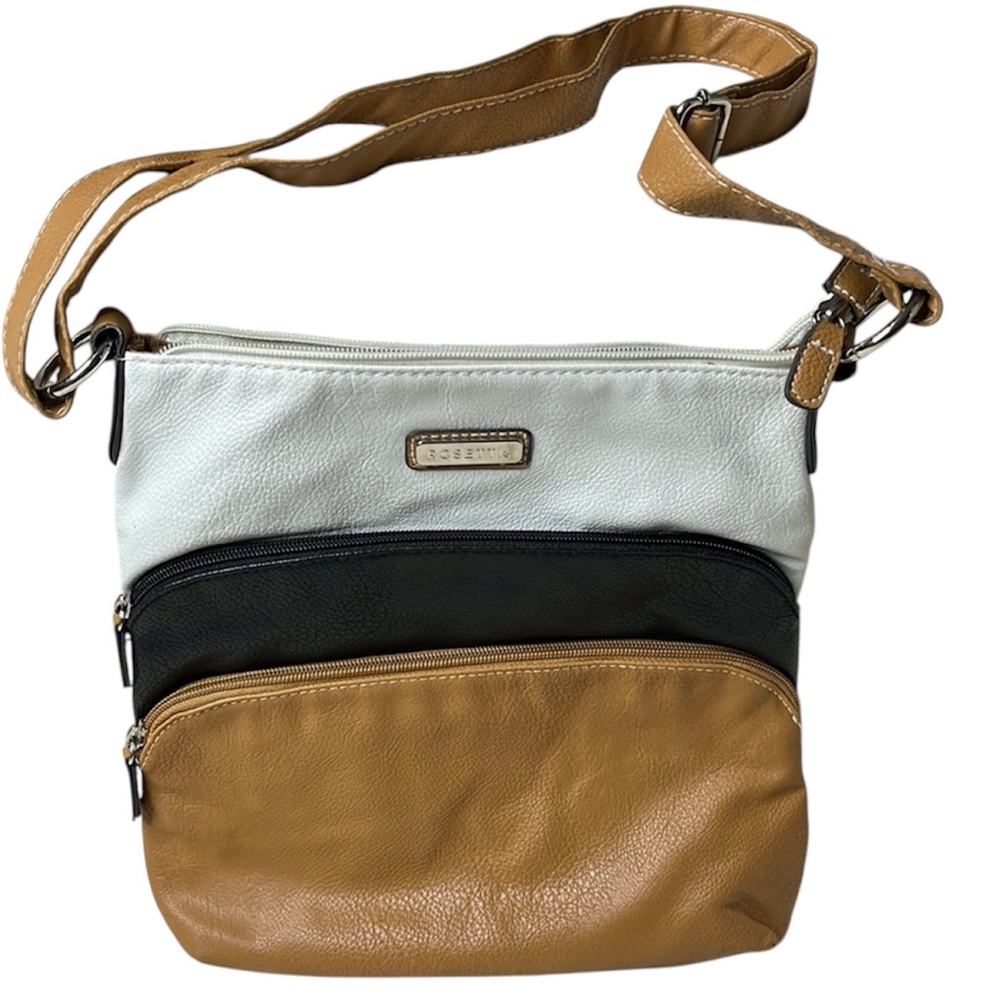 Rosetti Crossbody Purse Cream Black Tan‎ 3 Section Zip Adjustable Strap